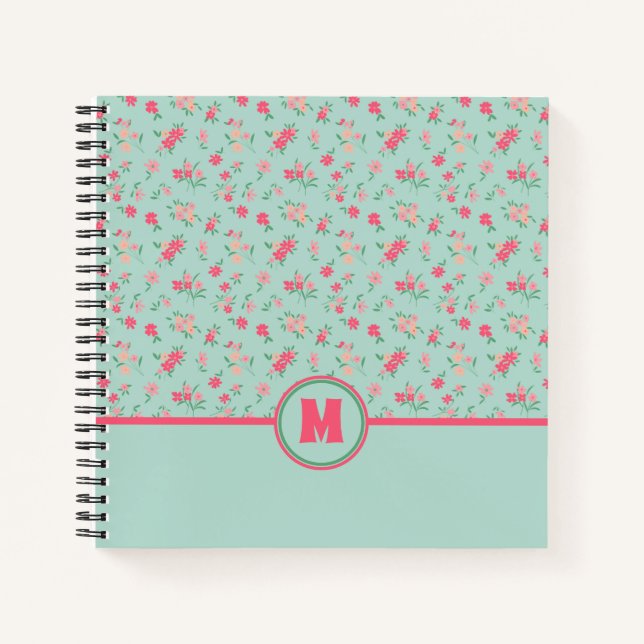 Monogram Dainty Pink Blume Aquamarin Notizbuch (Vorderseite)