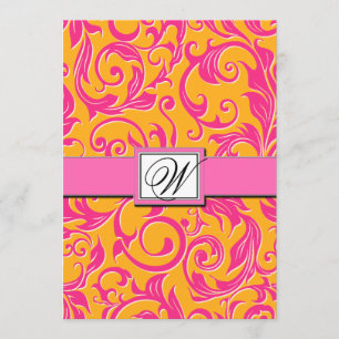 Monogram Damask Orange & Pink Hochzeitseinladungen Einladung