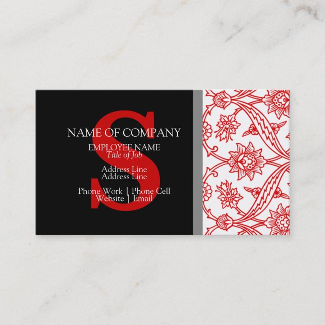 Monogram Damask Red Black Gray Gray Stylish Modern Visitenkarte (Vorderseite)