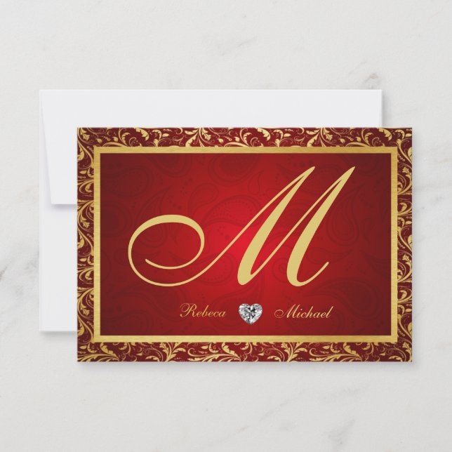 Monogram Damask Red/Gold RSVP Cards Karte (Vorderseite)