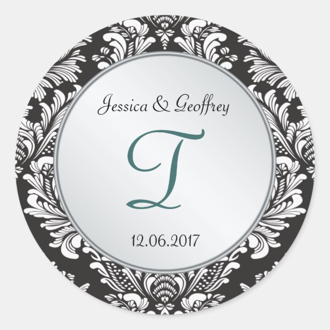 Monogram Damask Schwarz-weißer Hochzeitsticker Runder Aufkleber (Vorderseite)