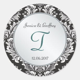 Monogram Damask Schwarz-weißer Hochzeitsticker Runder Aufkleber