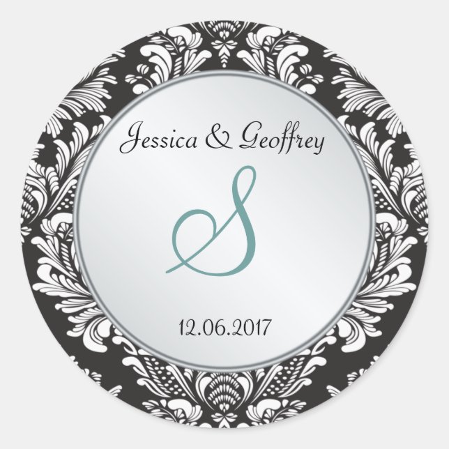 Monogram Damask Schwarz-weißer Hochzeitsticker Runder Aufkleber (Vorderseite)