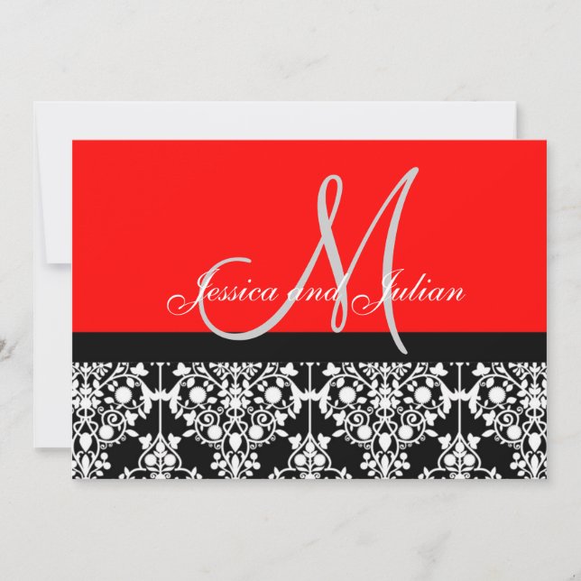 Monogram Damask Schwarze und rote Einladung (Vorderseite)