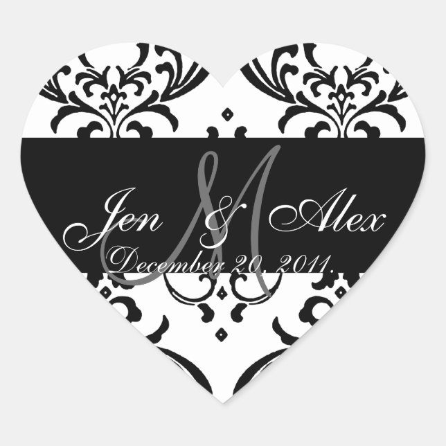 Monogram Damask Wedding Favor Sticker Herzform (Vorderseite)