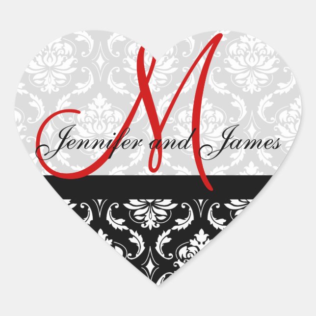 Monogram Damask Wedding Favor Stickers Red (Vorderseite)