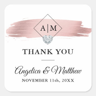 Monogram DANK YOU Rose Gold Heart Wedding Quadratischer Aufkleber