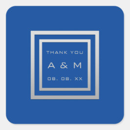Monogram danke Gray Frame Silver Wedding Royal Blu Quadratischer Aufkleber