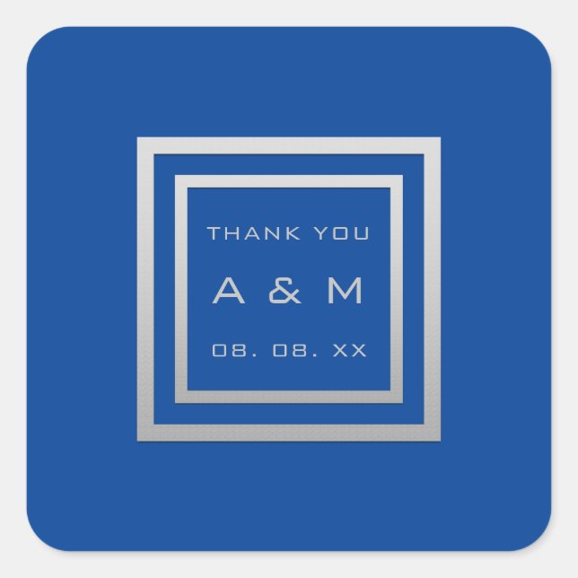 Monogram danke Gray Frame Silver Wedding Royal Blu Quadratischer Aufkleber (Vorderseite)