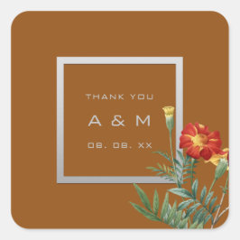 Monogram Dankeschön Graurahmen Silver Floral Brown Quadratischer Aufkleber