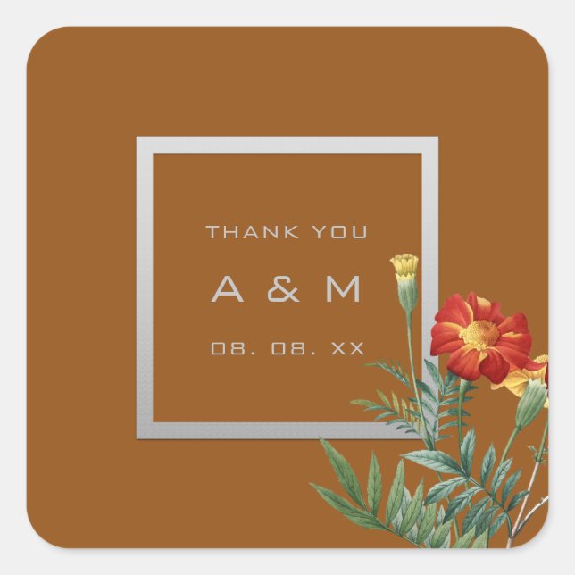 Monogram Dankeschön Graurahmen Silver Floral Brown Quadratischer Aufkleber (Vorderseite)