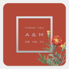 Monogram Dankeschön Graurahmen Silver Floral Coral Quadratischer Aufkleber