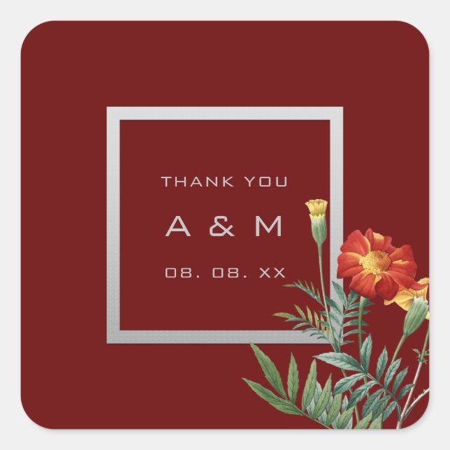 Monogram Dankeschön Graurahmen Silver Floral Maroo Quadratischer Aufkleber (Vorderseite)