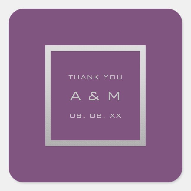 Monogram Dankeschön Graurahmen Silver Wedding Lila Quadratischer Aufkleber (Vorderseite)