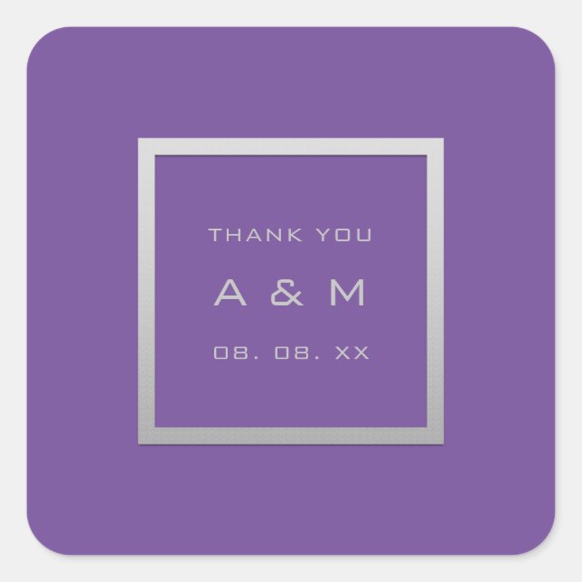 Monogram Dankeschön Graurahmen Silver Wedding Lila Quadratischer Aufkleber (Vorderseite)