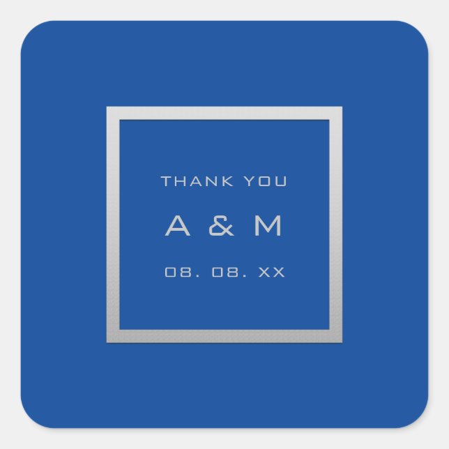 Monogram Dankeschön Gray Frame Silver Wedding Blue Quadratischer Aufkleber (Vorderseite)