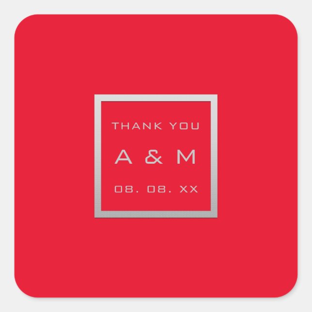 Monogram Dankeschön Gray Frame Silver Wedding Red Quadratischer Aufkleber (Vorderseite)