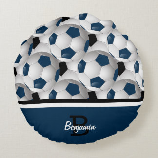 Monogram Dark Blue Black Soccer Ball Pattern Rundes Kissen