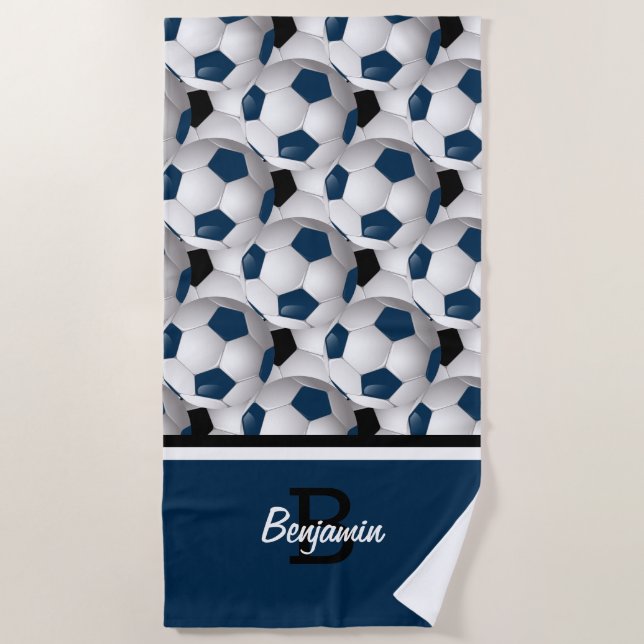 Monogram Dark Blue Black Soccer Ball Pattern Strandtuch (Vorderseite)