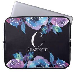 Monogram Dark Blue mit Lila und blauen Blumen Laptopschutzhülle