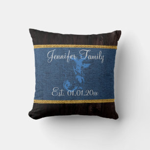 Monogram Dark Blue Rustic Burlap Linen Wood Look Kissen