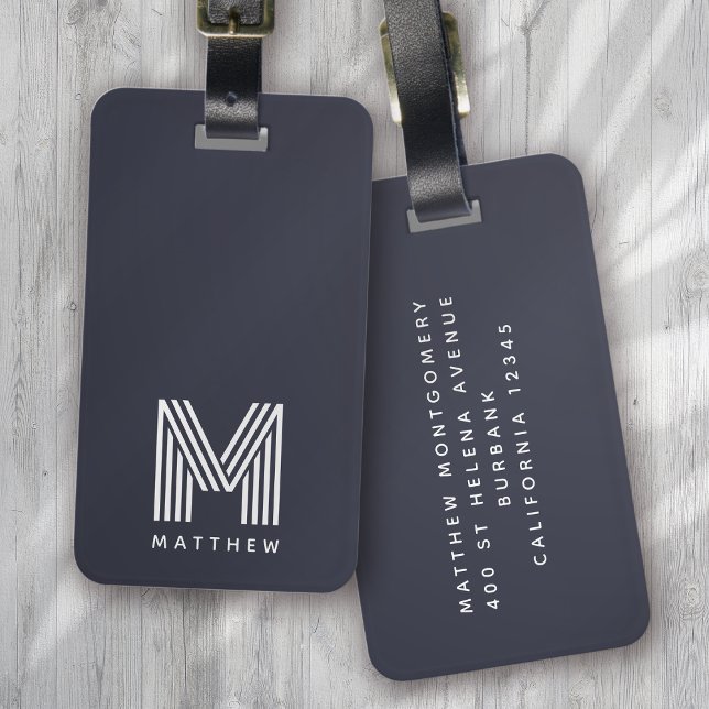 Monogram Dark Blue Stylish Modern Minimalistisch Gepäckanhänger (Von Creator hochgeladen)
