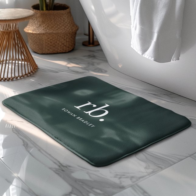 Monogram Dark Green Stylish Modern Minimalist Badematte (Stylish dark green custom monogram bath mat.)