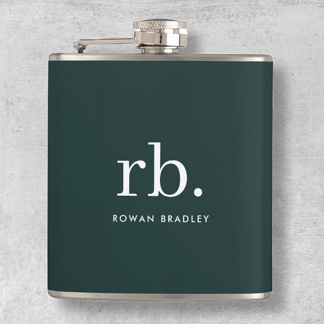 Monogram Dark Green Stylish Modern Minimalist Flachmann (Stylish dark green custom monogram flasks.)