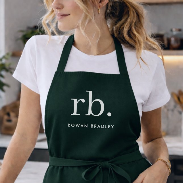 Monogram Dark Green Stylish Modern Minimalist Schürze (Stylish dark green custom monogram aprons, for business or personal use.)