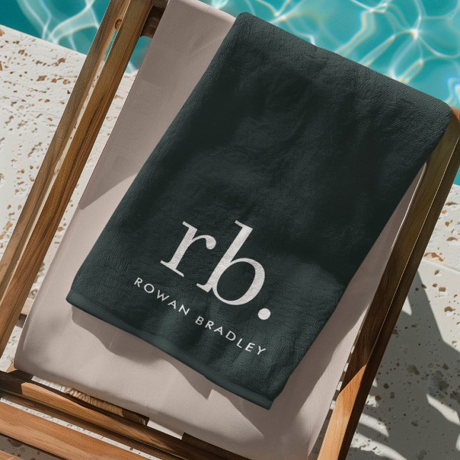Monogram Dark Green Stylish Modern Minimalist Strandtuch (Stylish dark green custom monogram beach towels, for business or personal use.)