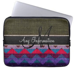 Monogram Dark Green Zickzack Zigzag Burlap Jute Laptopschutzhülle