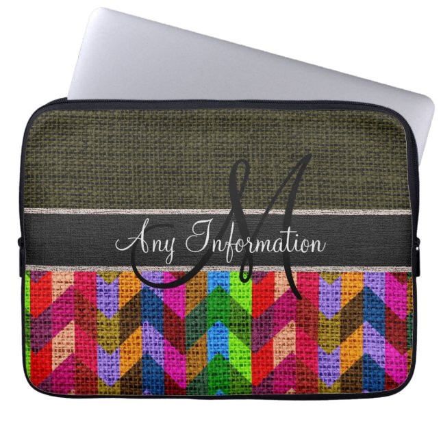 Monogram Dark Green Zickzack Zigzag Burlap Jute Laptopschutzhülle (Vorderseite)