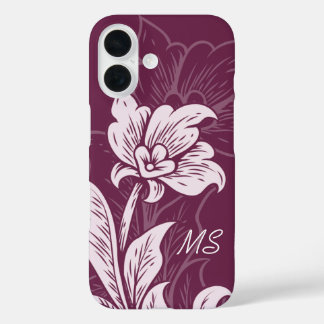 Monogram Dark Magenta Pink Vintage Blume iPhone 16 Hülle