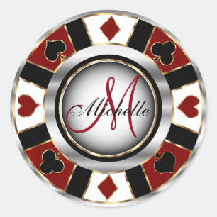 Monogram Dark Red Casino Poker Chip Design Runder Aufkleber