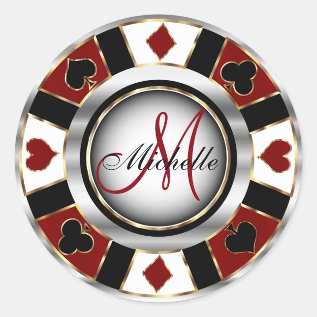 Monogram Dark Red Casino Poker Chip Design Runder Aufkleber (Vorderseite)