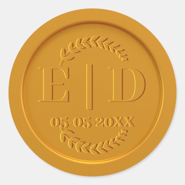 Monogram Date Antique Botanical Blätter Gold Siege Runder Aufkleber (Vorderseite)
