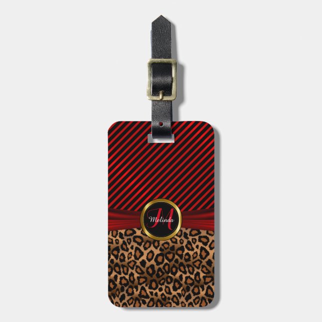 Monogram Deep Red Leopard Animal Print Gepäckanhänger (Vorderseite vertikal)