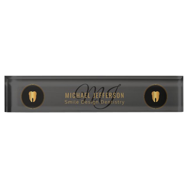 Monogram Dentist Office - Black and Gold Namensplakette (Vorderseite)