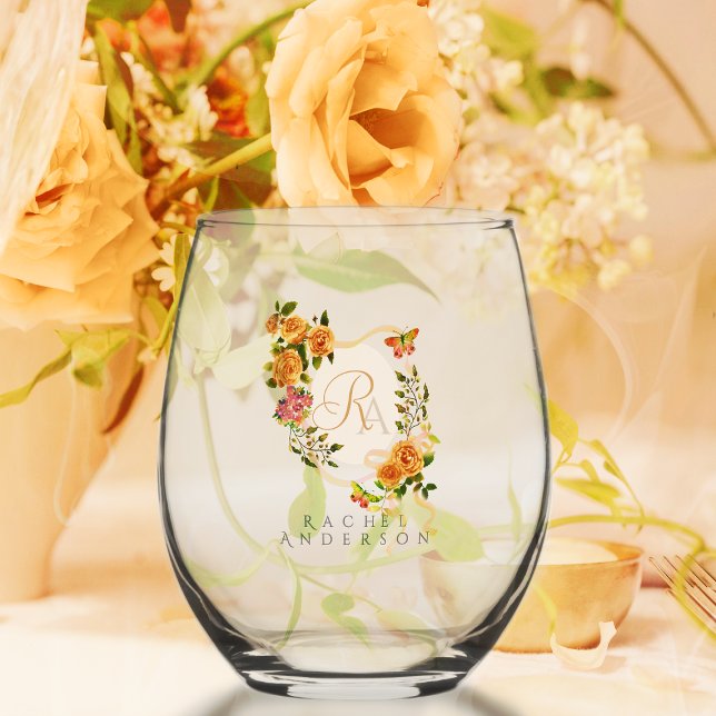 Monogram der Gold Rose Ribbon Chic Weinglas Ohne Stiel (Romantic Gold Rose Ribbon Monogram  Wine Glass.)