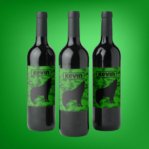Monogram der modernen grünen Camouflage Black Wolf Weinetikett