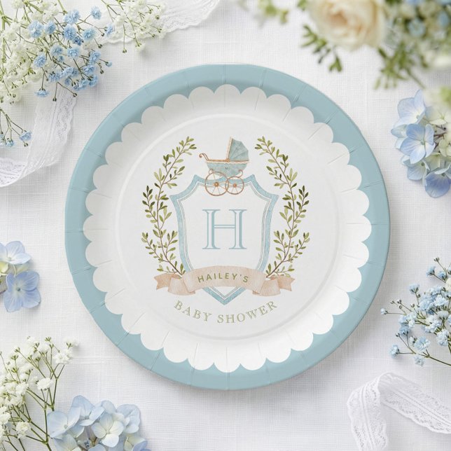 Monogram des Baby Carriage Wappen | Blue Baby Dusc Pappteller (Von Creator hochgeladen)