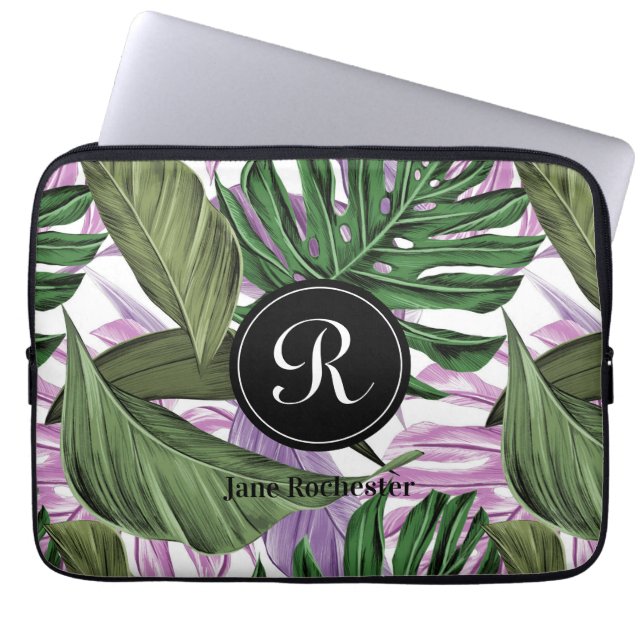 Monogram des tropischen Summer Green Lila Blätter Laptopschutzhülle (Vorderseite)
