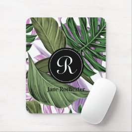 Monogram des tropischen Summer Green Lila Blätter Mousepad