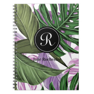 Monogram des tropischen Summer Green Lila Blätter Notizblock
