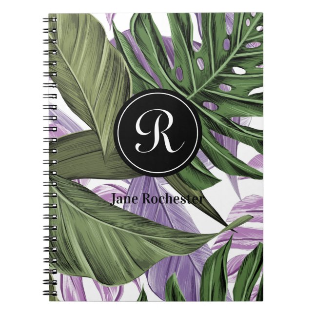 Monogram des tropischen Summer Green Lila Blätter Notizblock (Vorderseite)