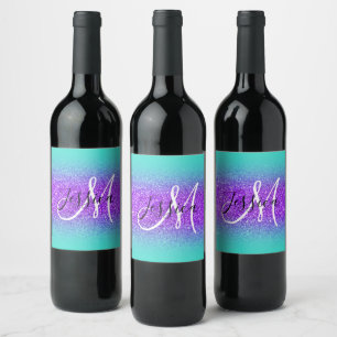 Monogram des Turquoise Edge Ombre Violet Glitzer Weinetikett