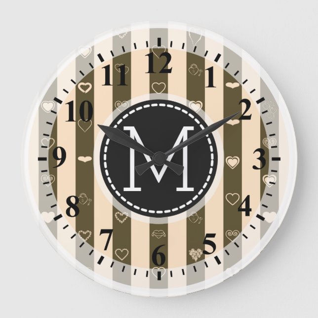 Monogram Donkey Beown Stripes Modernes Herzmuster Große Wanduhr (Vorderseite)