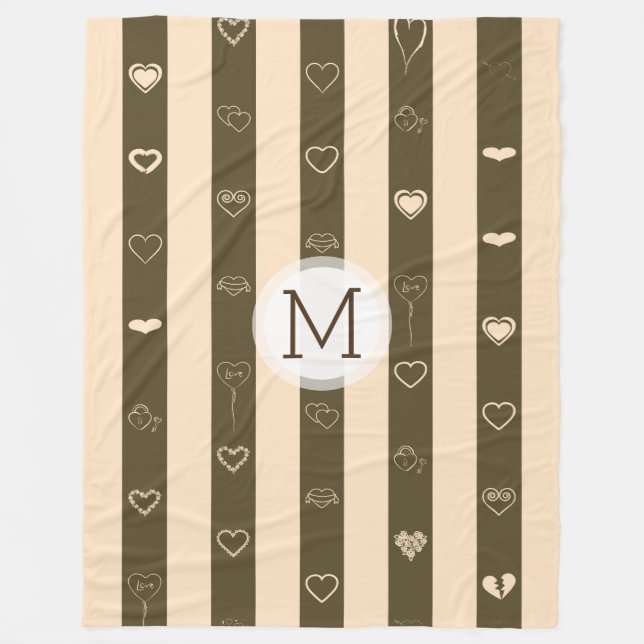 Monogram Donkey Brown Stripes Modernes Herzmuster Fleecedecke (Vorderseite)
