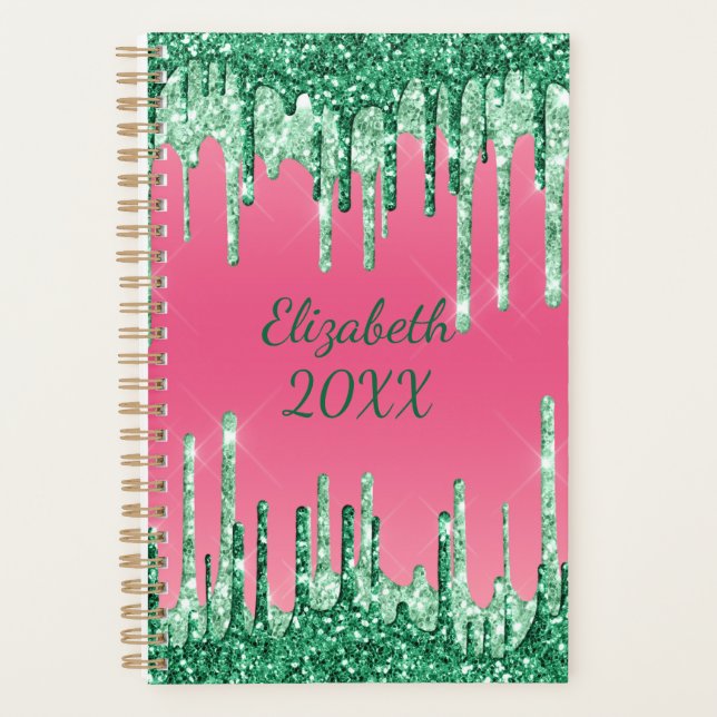 Monogram Drilling Glitzer Green Pink Trendy Glam Planer (Vorderseite)
