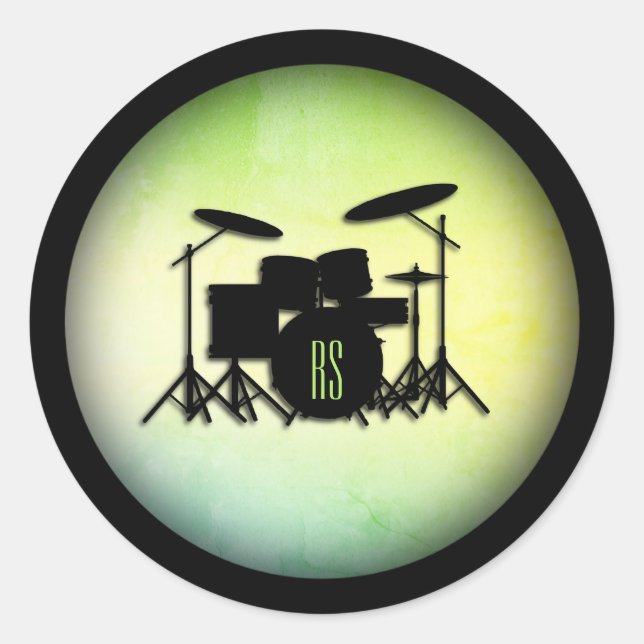 Monogram Drum Set Green Runder Aufkleber (Vorderseite)